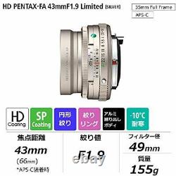 Hd Pentax-fa 43mmf1.9 Limité Standard Objectif De Visée Unique K Mount Silver 20150