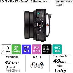 Objectif à focale fixe standard HD PENTAX-FA 43mmF1.9 Limited, monture K, noir, neuf 20150