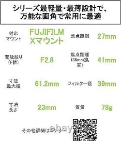Objectif grand angle à focale fixe Fujifilm Fuji XF 27 mm F/2.8 pour appareil photo, noir, excellent